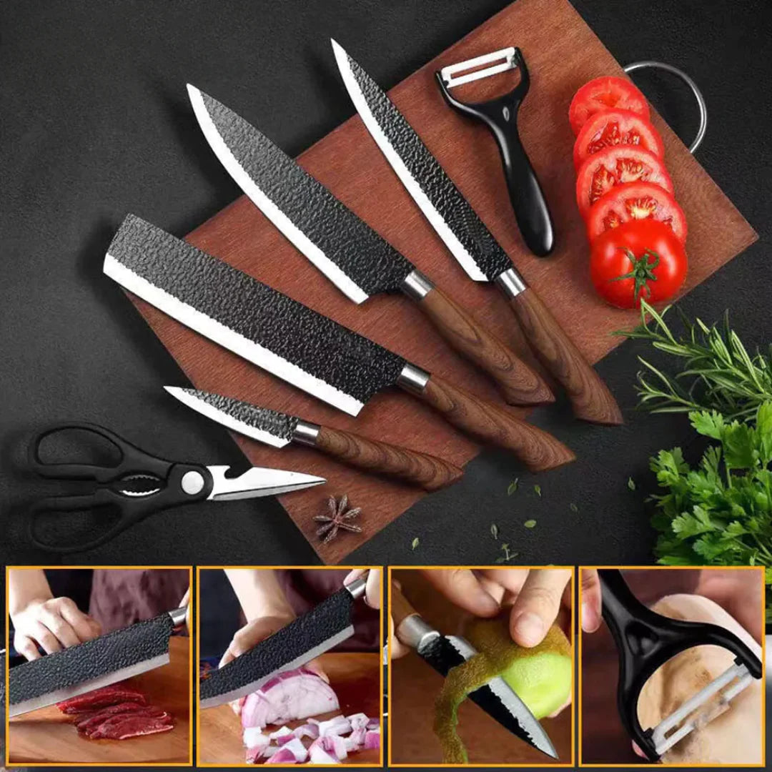 Kit de 6 Cuchillos Profesionales Forjados • Kit Wood Espartacus™